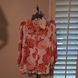 Floral Women's Top - Pink and Orange, Size L